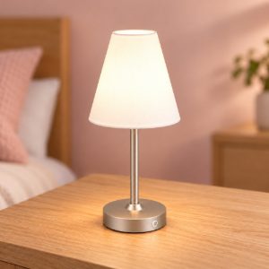 Abat-jour ricaricabile led 1,5w 3000k touch per comodino nichel opaco con paralume in tessuto bianco