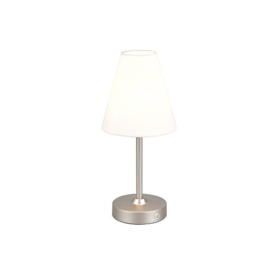 Abat-jour ricaricabile led 1,5w 3000k touch per comodino nichel opaco con paralume in tessuto bianco