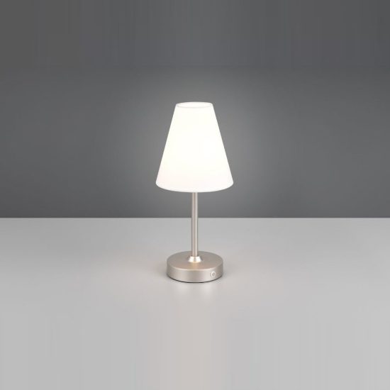 Abat-jour ricaricabile led 1,5w 3000k touch per comodino nichel opaco con paralume in tessuto bianco