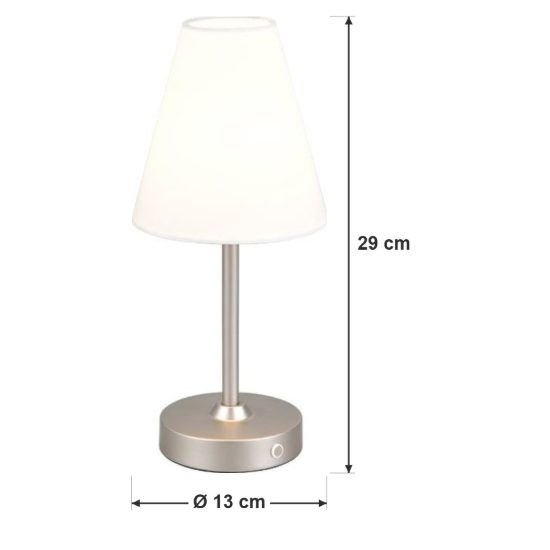 Abat-jour ricaricabile led 1,5w 3000k touch per comodino nichel opaco con paralume in tessuto bianco