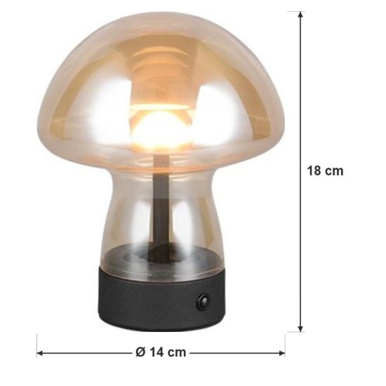 Abat-jour ricaricabile led 1,5w 3000k touch per comodino a fungo in vetro ambra