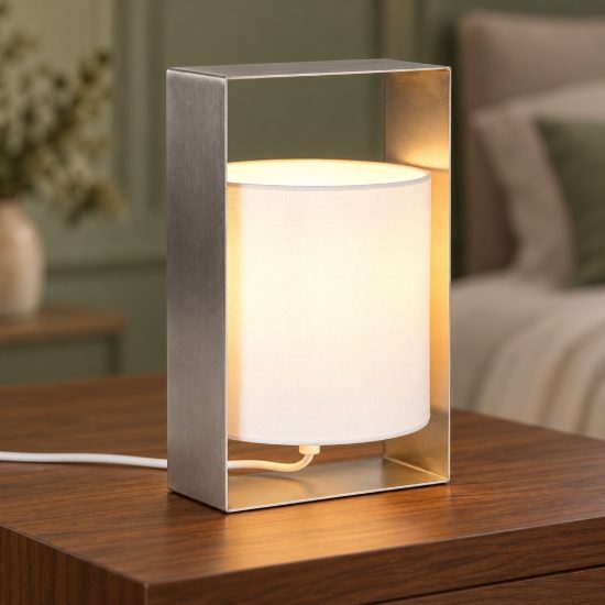 Abat-jour per comodino moderno nichel opaco con paralume in tessuto bianco