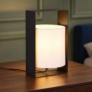 Abat-jour per comodino moderno nero con paralume in tessuto bianco