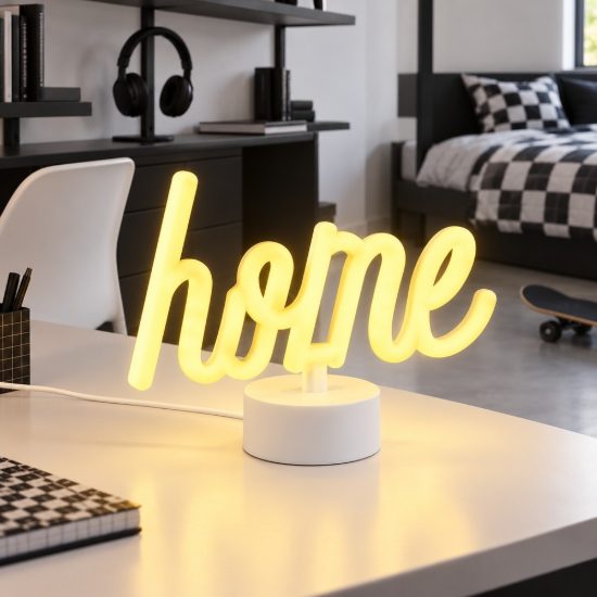 Lampada da tavolo per salotto led 1w a batteria o usb con scritta home bianca