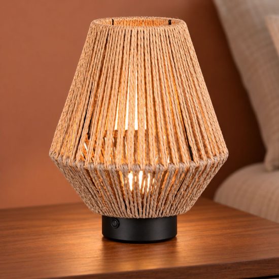 Abat-jour ricaricabile led 1,5w 3000k touch per comodino in filato di carta intrecciato marrone