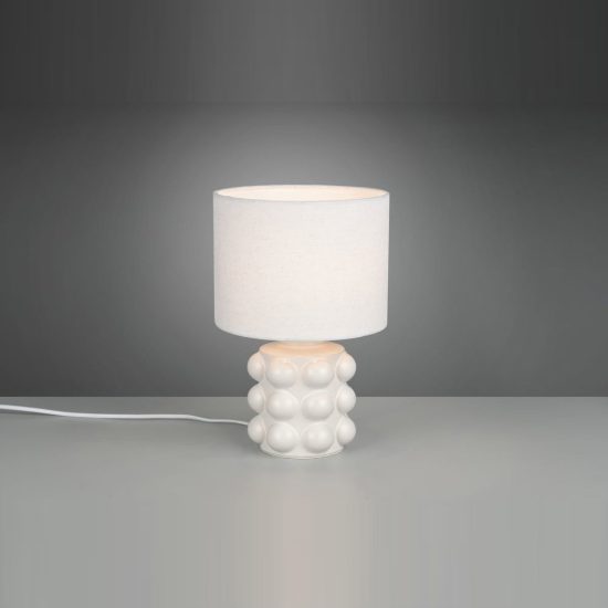 Abat-jour per comodino in ceramica a sfere bianca con paralume in tessuto bianco