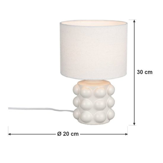 Abat-jour per comodino in ceramica a sfere bianca con paralume in tessuto bianco