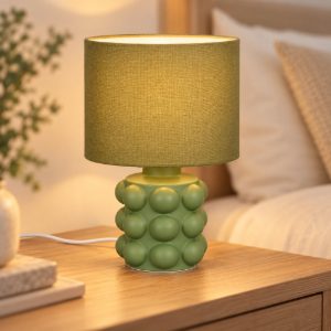 Abat-jour per comodino in ceramica a sfere verde con paralume in tessuto verde
