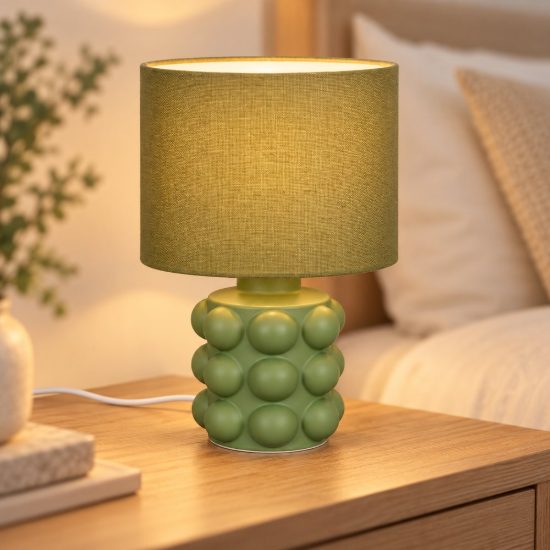 Abat-jour per comodino in ceramica a sfere verde con paralume in tessuto verde