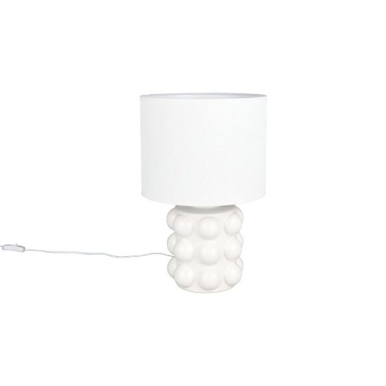 Lampada da tavolo per soggiorno in ceramica a sfere bianca con paralume in tessuto bianco