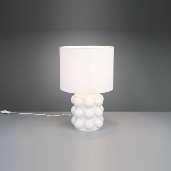 Lampada da tavolo per soggiorno in ceramica a sfere bianca con paralume in tessuto bianco