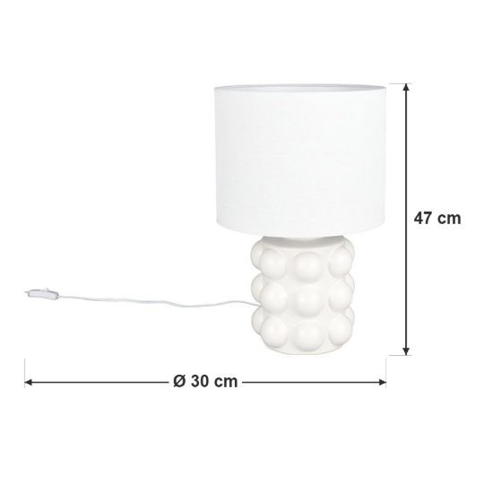 Lampada da tavolo per soggiorno in ceramica a sfere bianca con paralume in tessuto bianco