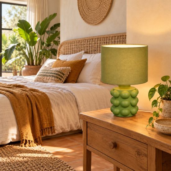 Lampada da tavolo per soggiorno in ceramica a sfere verde con paralume in tessuto verde