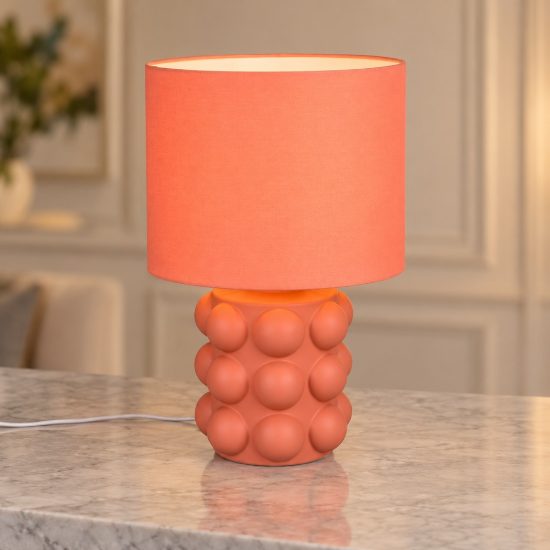 Lampada da tavolo per soggiorno in ceramica a sfere albicocca con paralume in tessuto albicocca