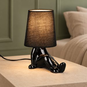 Abat-jour per comodino in ceramica a figura umana con paralume in tessuto nero