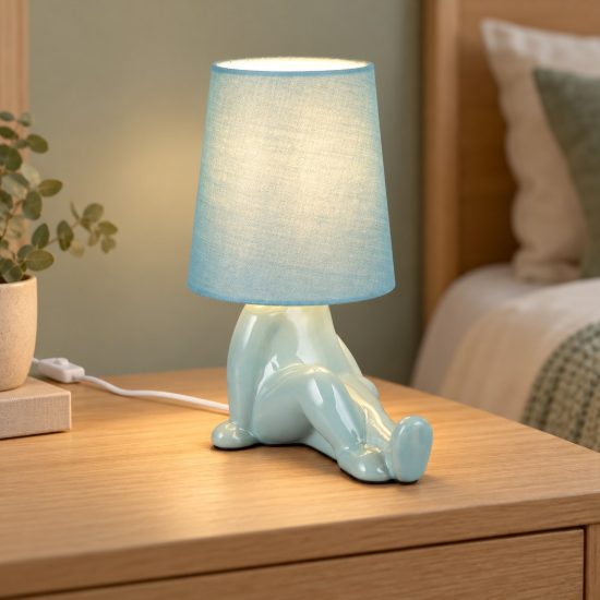 Abat-jour per comodino in ceramica a figura umana con paralume in tessuto azzurro