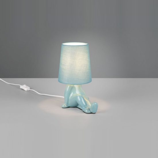 Abat-jour per comodino in ceramica a figura umana con paralume in tessuto azzurro