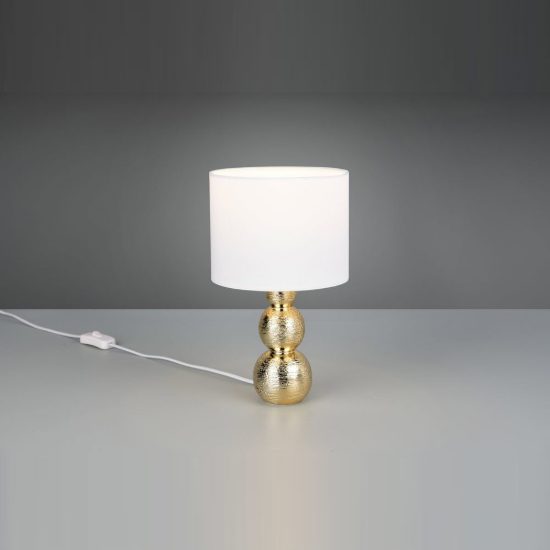 Abat-jour per comodino in ceramica oro con paralume in vetro bianco