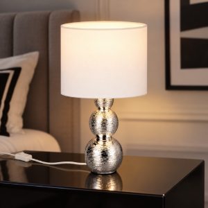 Abat-jour per comodino in ceramica argento con paralume in vetro bianco