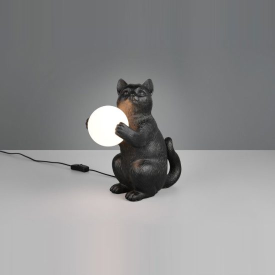 Abat-jour per comodino a forma di gattino nero con sfera in vetro bianco