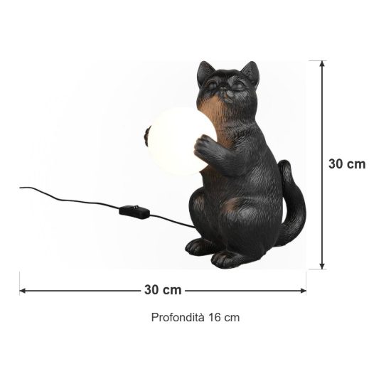 Abat-jour per comodino a forma di gattino nero con sfera in vetro bianco