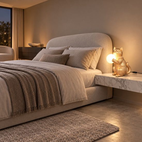 Abat-jour per comodino a forma di gattino oro con sfera in vetro bianco