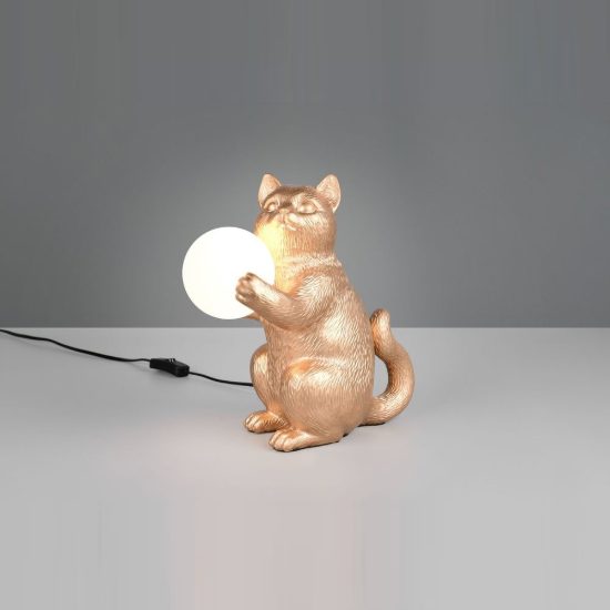 Abat-jour per comodino a forma di gattino oro con sfera in vetro bianco