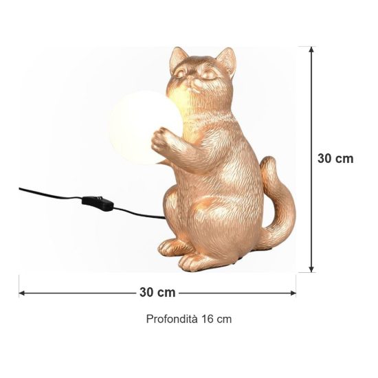 Abat-jour per comodino a forma di gattino oro con sfera in vetro bianco