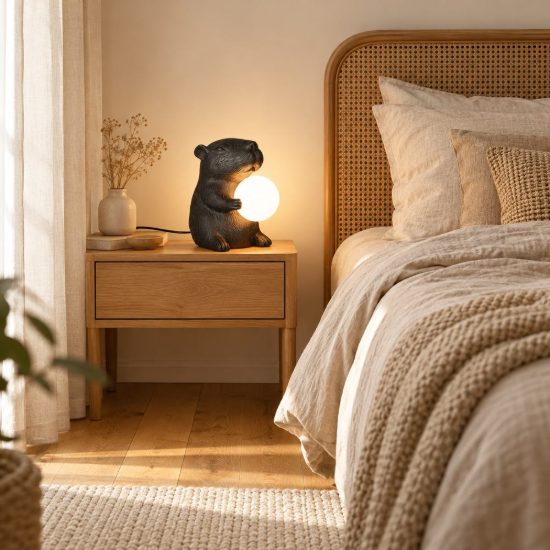 Abat-jour per comodino a forma di capibara nero con sfera in vetro bianco