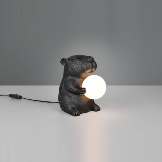 Abat-jour per comodino a forma di capibara nero con sfera in vetro bianco