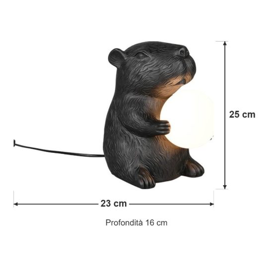 Abat-jour per comodino a forma di capibara nero con sfera in vetro bianco