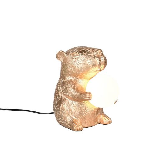 Abat-jour per comodino a forma di capibara oro con sfera in vetro bianco