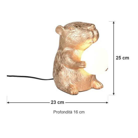 Abat-jour per comodino a forma di capibara oro con sfera in vetro bianco