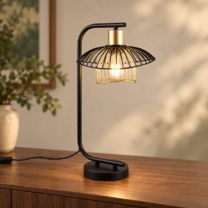 Lampada da tavolo per soggiorno moderna nera oro con paralume aperto in metallo