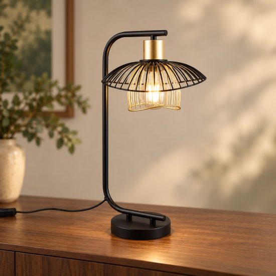 Lampada da tavolo per soggiorno moderna nera oro con paralume aperto in metallo