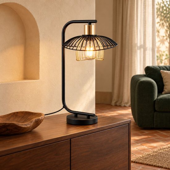 Lampada da tavolo per soggiorno moderna nera oro con paralume aperto in metallo