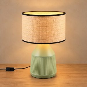 Lampada da tavolo per soggiorno in ceramica verde con paralume in carta naturale