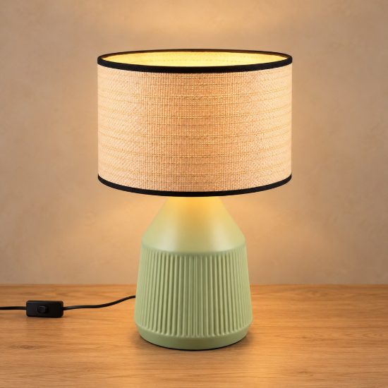 Lampada da tavolo per soggiorno in ceramica verde con paralume in carta naturale
