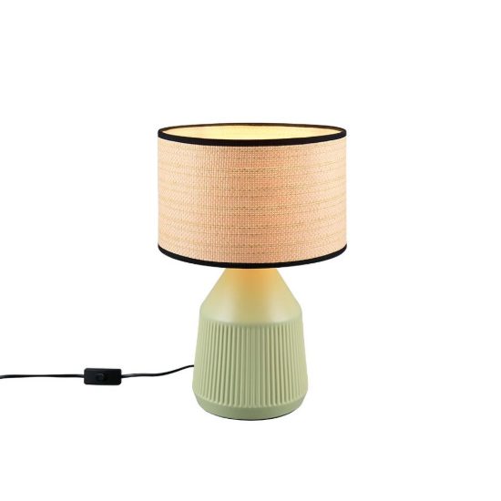 Lampada da tavolo per soggiorno in ceramica verde con paralume in carta naturale