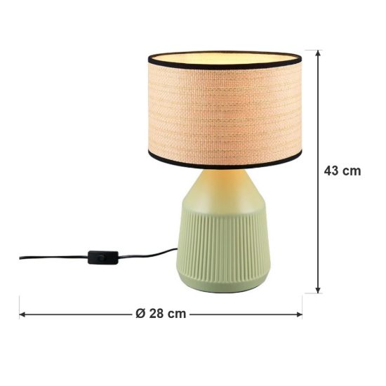 Lampada da tavolo per soggiorno in ceramica verde con paralume in carta naturale