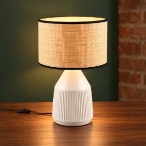 Lampada da tavolo per soggiorno in ceramica bianca con paralume in carta naturale