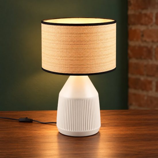 Lampada da tavolo per soggiorno in ceramica bianca con paralume in carta naturale