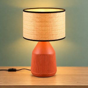Lampada da tavolo per soggiorno in ceramica terracotta con paralume in carta naturale