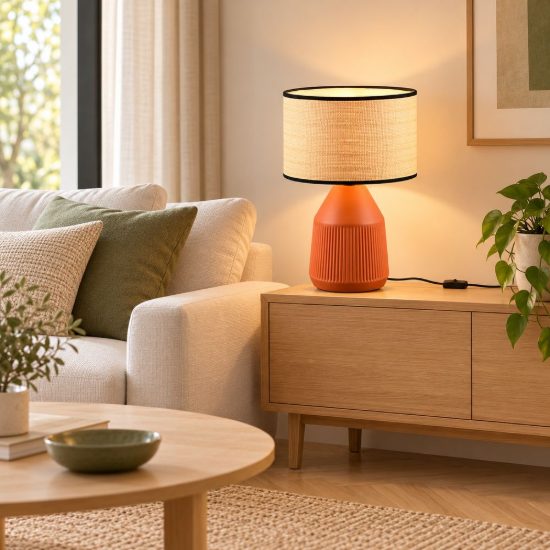 Lampada da tavolo per soggiorno in ceramica terracotta con paralume in carta naturale