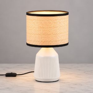 Abat-jour per comodino in ceramica bianca con paralume in carta naturale