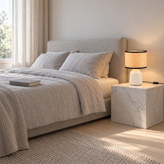 Abat-jour per comodino in ceramica bianca con paralume in carta naturale