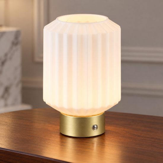 Abat-jour ricaricabile led 1,5w 3000k per comodino ottone satinato con vetro rigato bianco