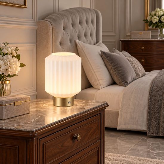 Abat-jour ricaricabile led 1,5w 3000k per comodino ottone satinato con vetro rigato bianco