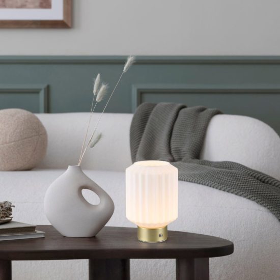 Abat-jour ricaricabile led 1,5w 3000k per comodino ottone satinato con vetro rigato bianco