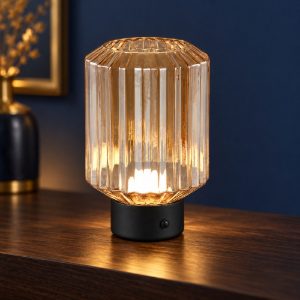 Abat-jour ricaricabile led 1,5w 3000k per comodino nero con vetro rigato ambra